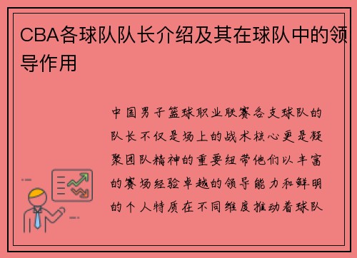 CBA各球队队长介绍及其在球队中的领导作用
