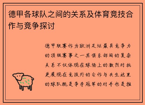 德甲各球队之间的关系及体育竞技合作与竞争探讨